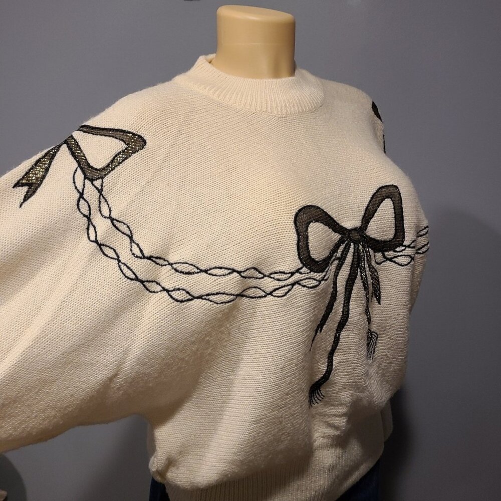 Vintage Bow Sweater Womens Holiday Gilded Gold Cream Wool Blend Size Large - Picture 3 of 10